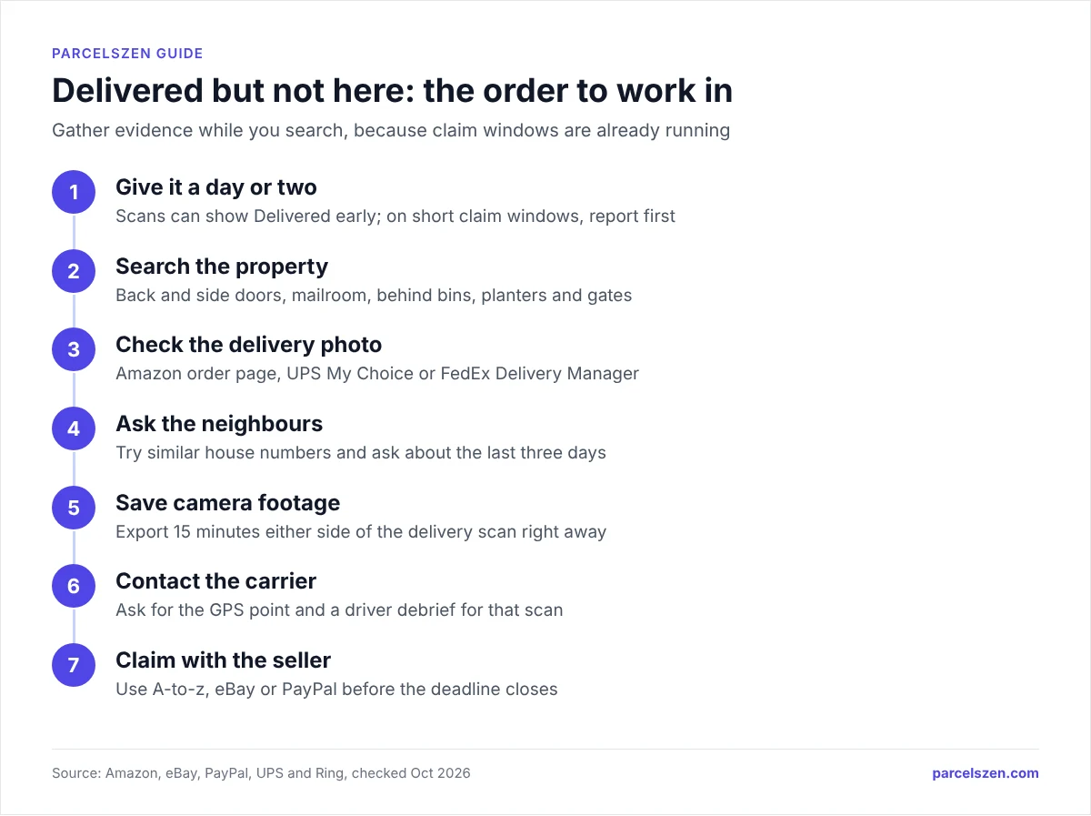 Seven steps: wait a day or two, search, check delivery photo, ask neighbours, save footage, contact carrier, claim with seller.