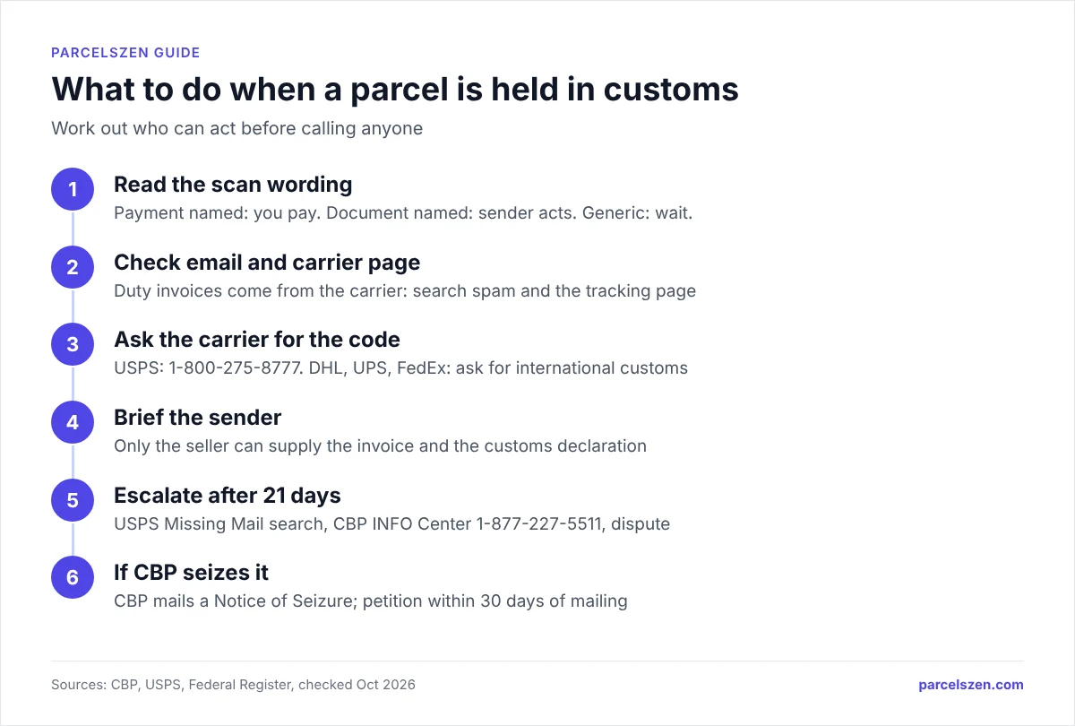 Six-step flow: read the scan, check email, ask carrier for reason code, brief sender, escalate after 21 days, seizure notice.