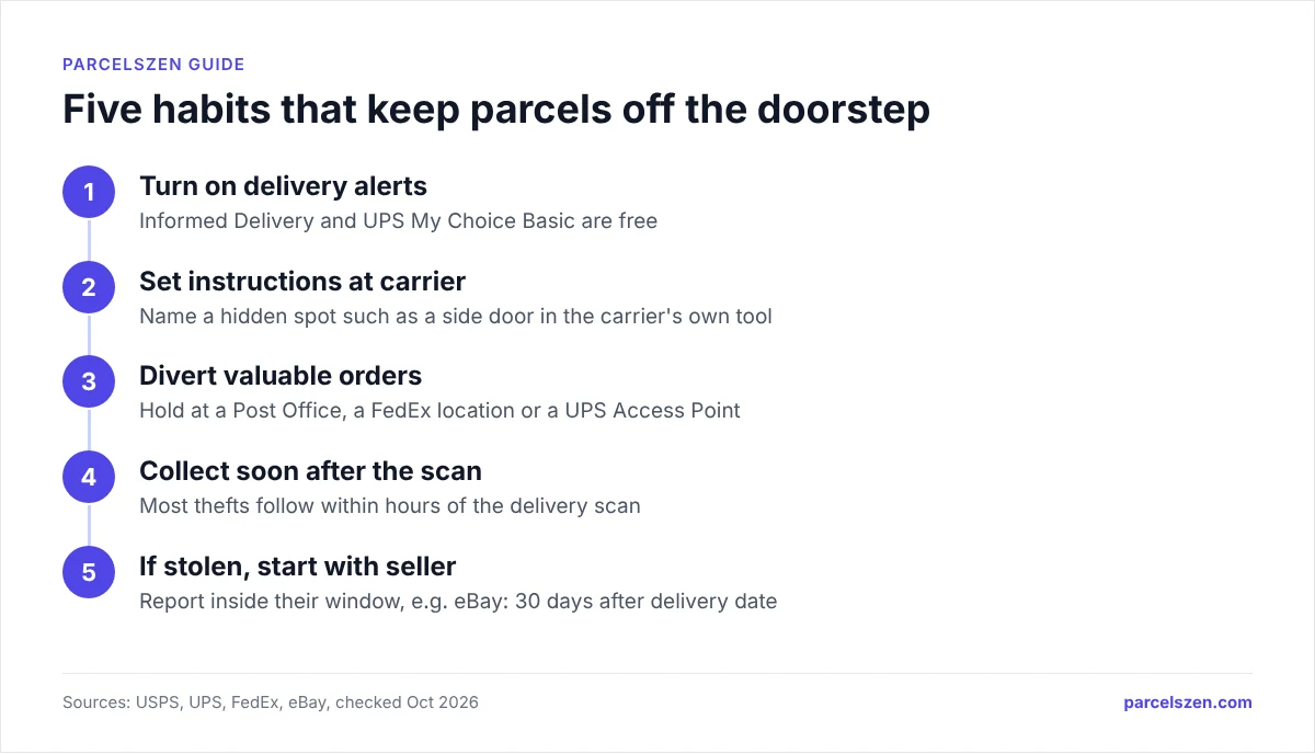 Five steps: delivery alerts, carrier instructions, divert valuables to pickup points, collect the same day, report to seller.